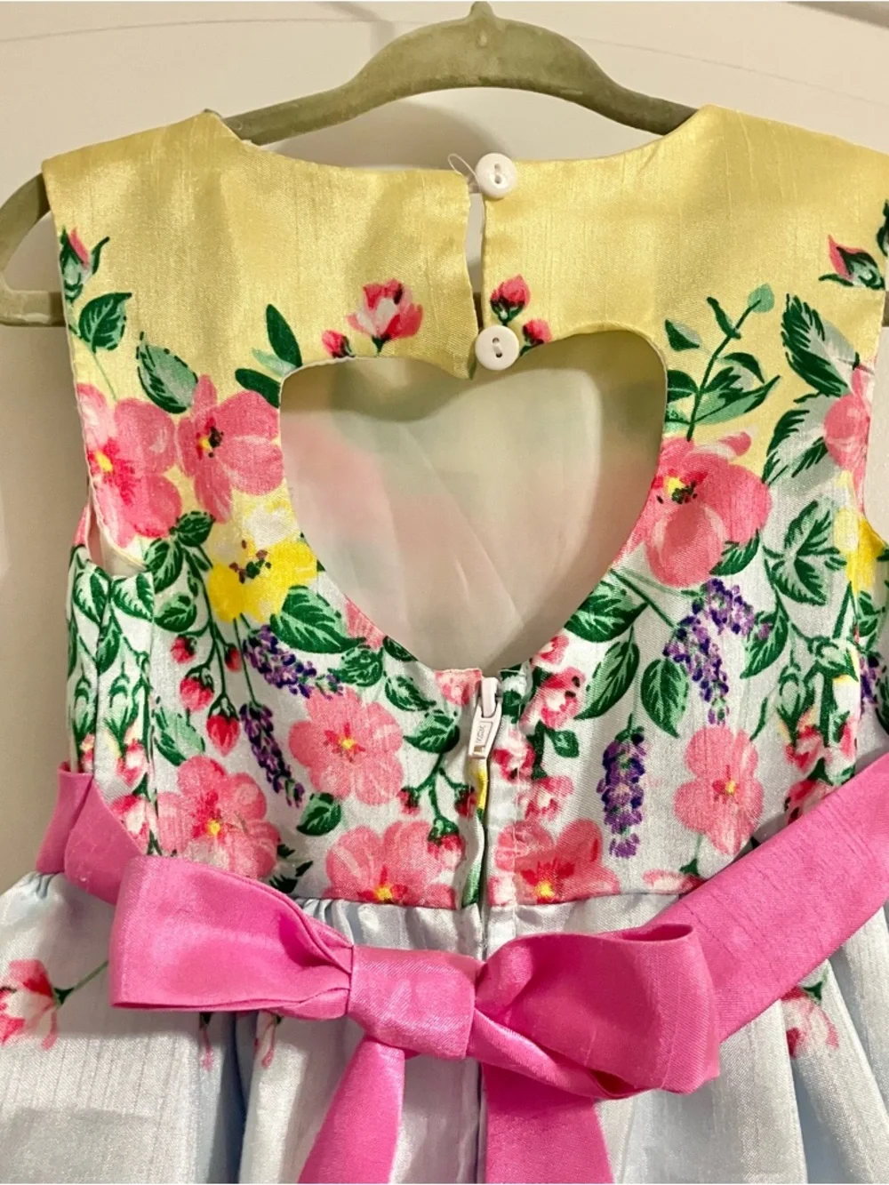 Nanette Kids Girls Sz 3T Yellow Floral Shantung Dress Pink Sash Tie Heart Cutout